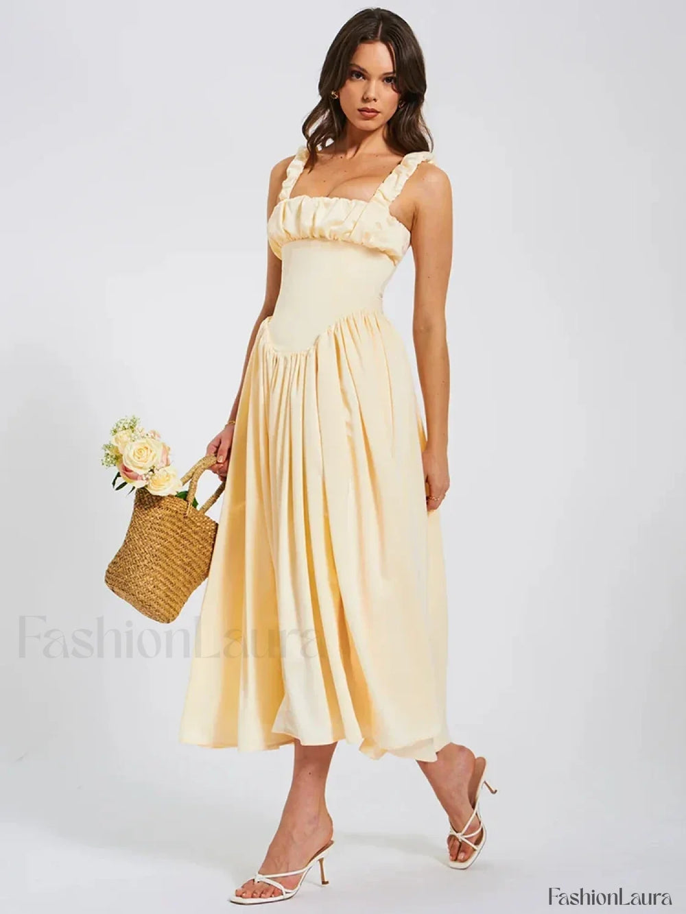 Satin Square Collar Midi Dress