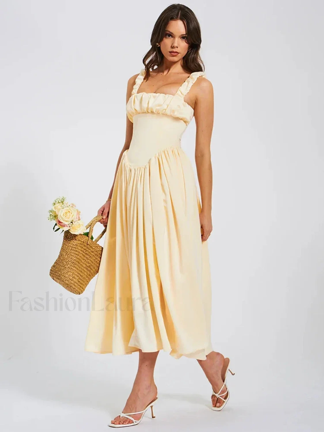 Satin Square Collar Midi Dress