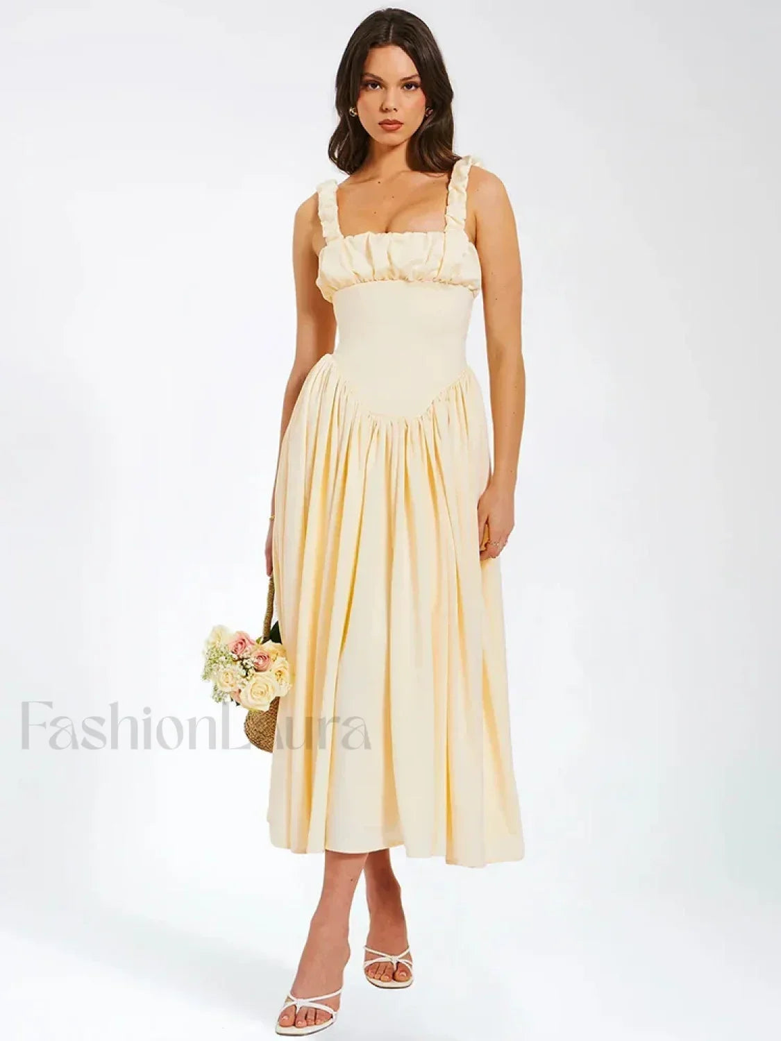 Satin Square Collar Midi Dress Apricot / S Main image