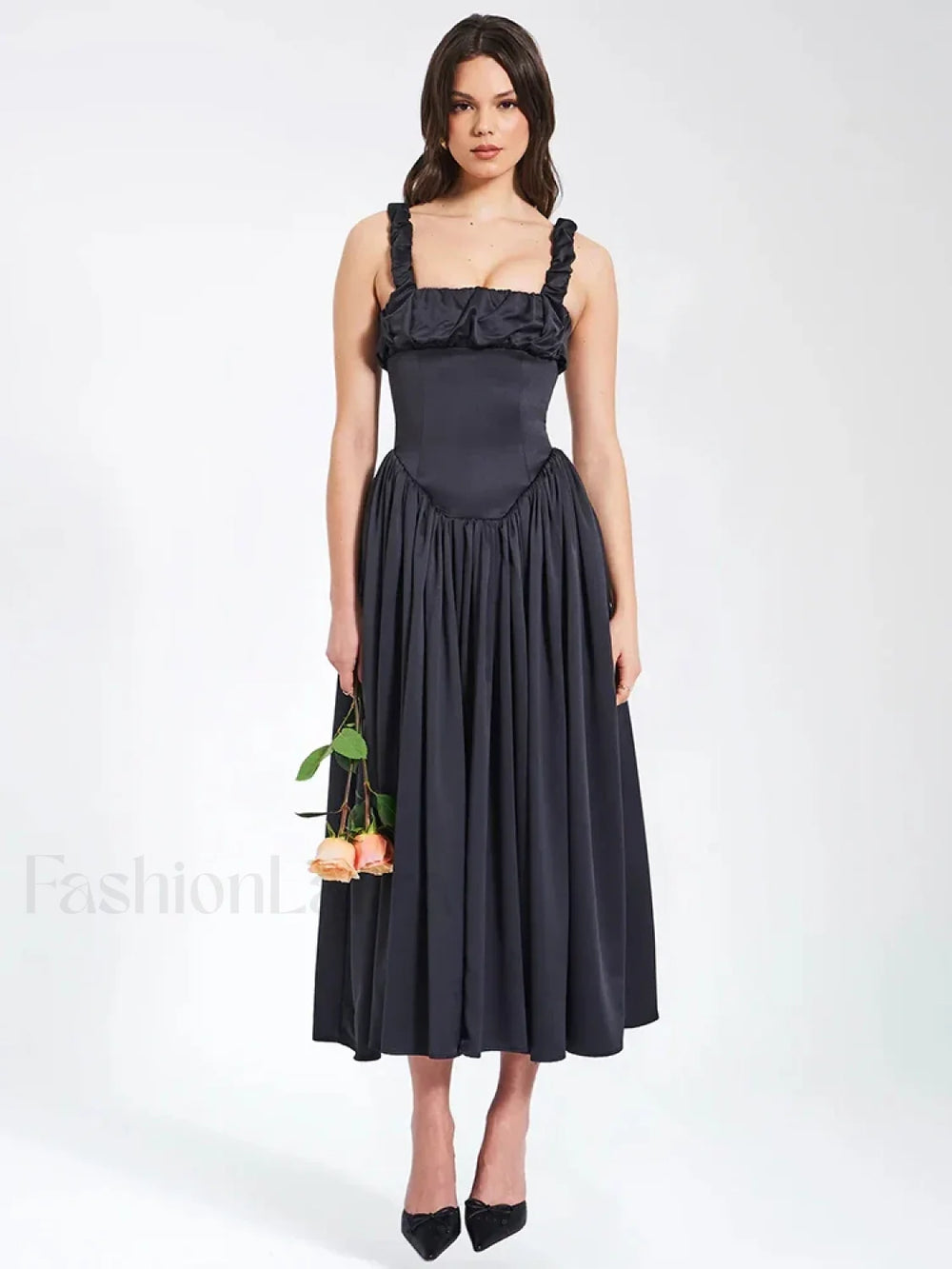 Satin Square Collar Midi Dress Black / S
