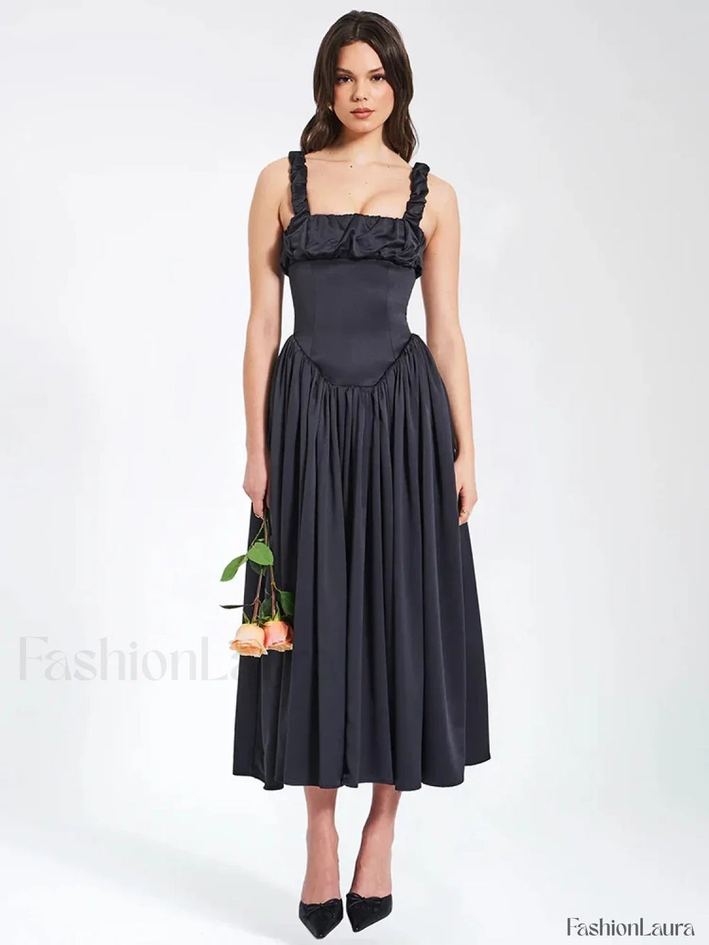 Satin Square Collar Midi Dress Black / S