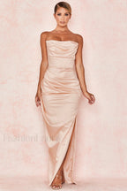 Satin Strapless Stylish Corset Maxi Dress S / Apricot