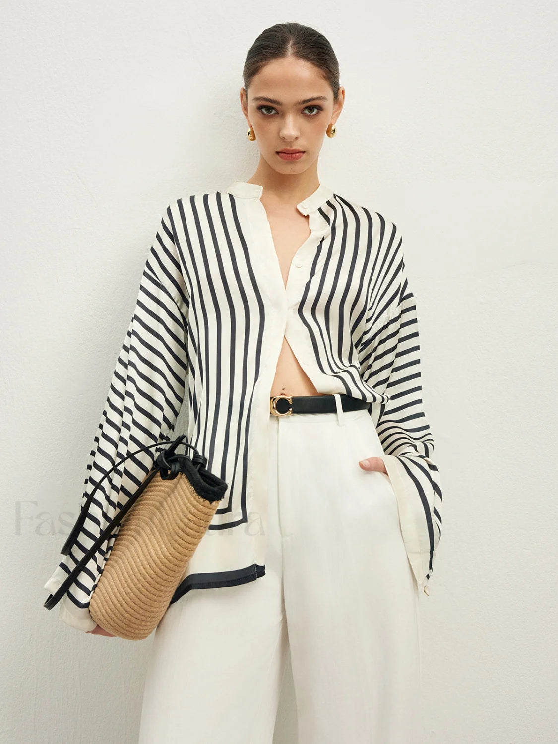 Satin Striped Button Cozy Blouse Off White / XS Blouses Main image