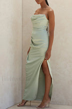 Satin Tube Top Halter Split Knee Length Sexy Evening Maxi Dress