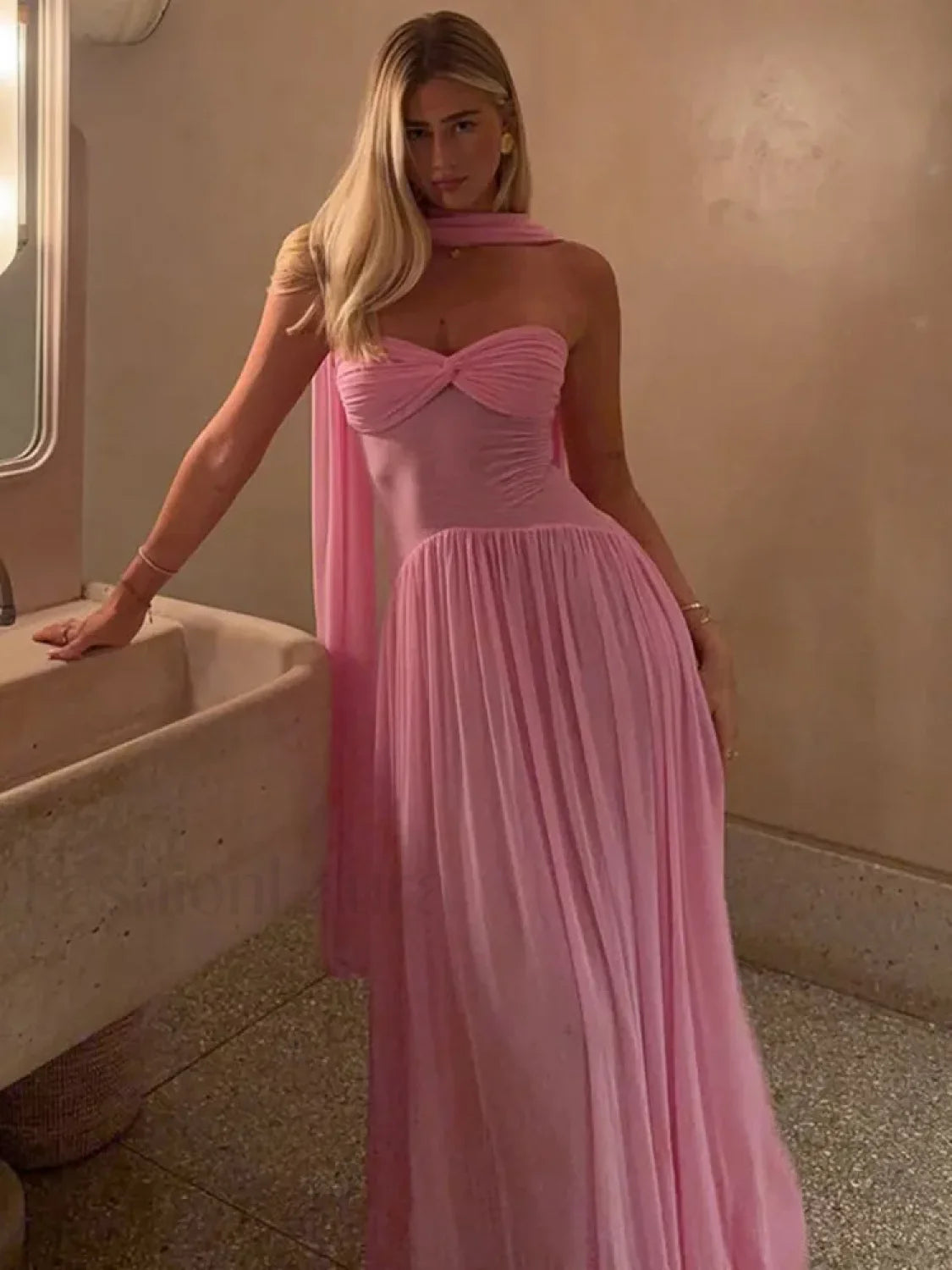 Scarf Collar Mesh Pink Maxi Dress Secondary image