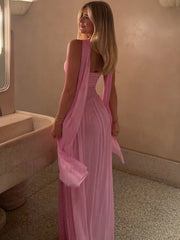 Scarf Collar Mesh Pink Maxi Dress