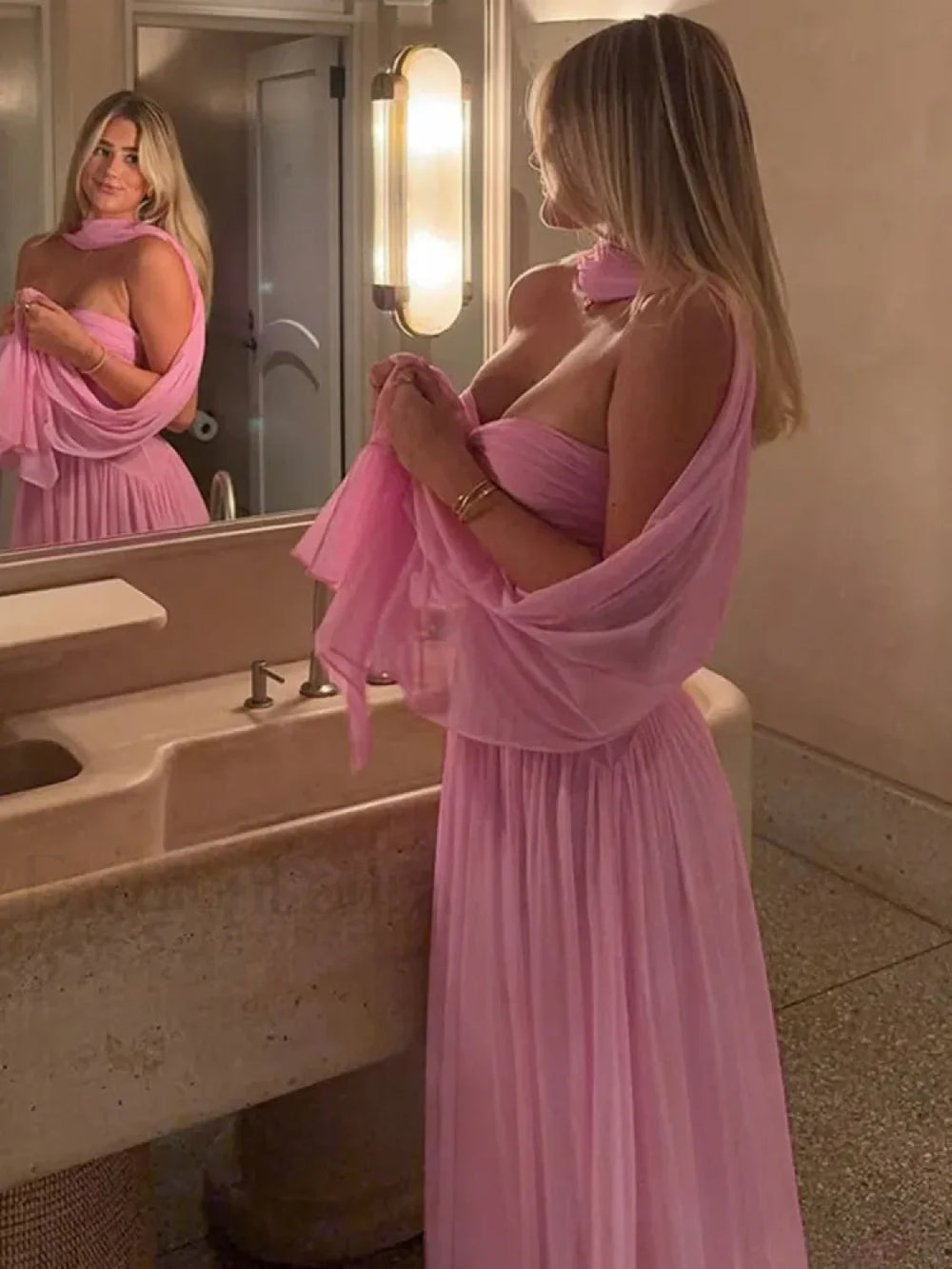 Scarf Collar Mesh Pink Maxi Dress