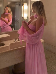 Scarf Collar Mesh Pink Maxi Dress