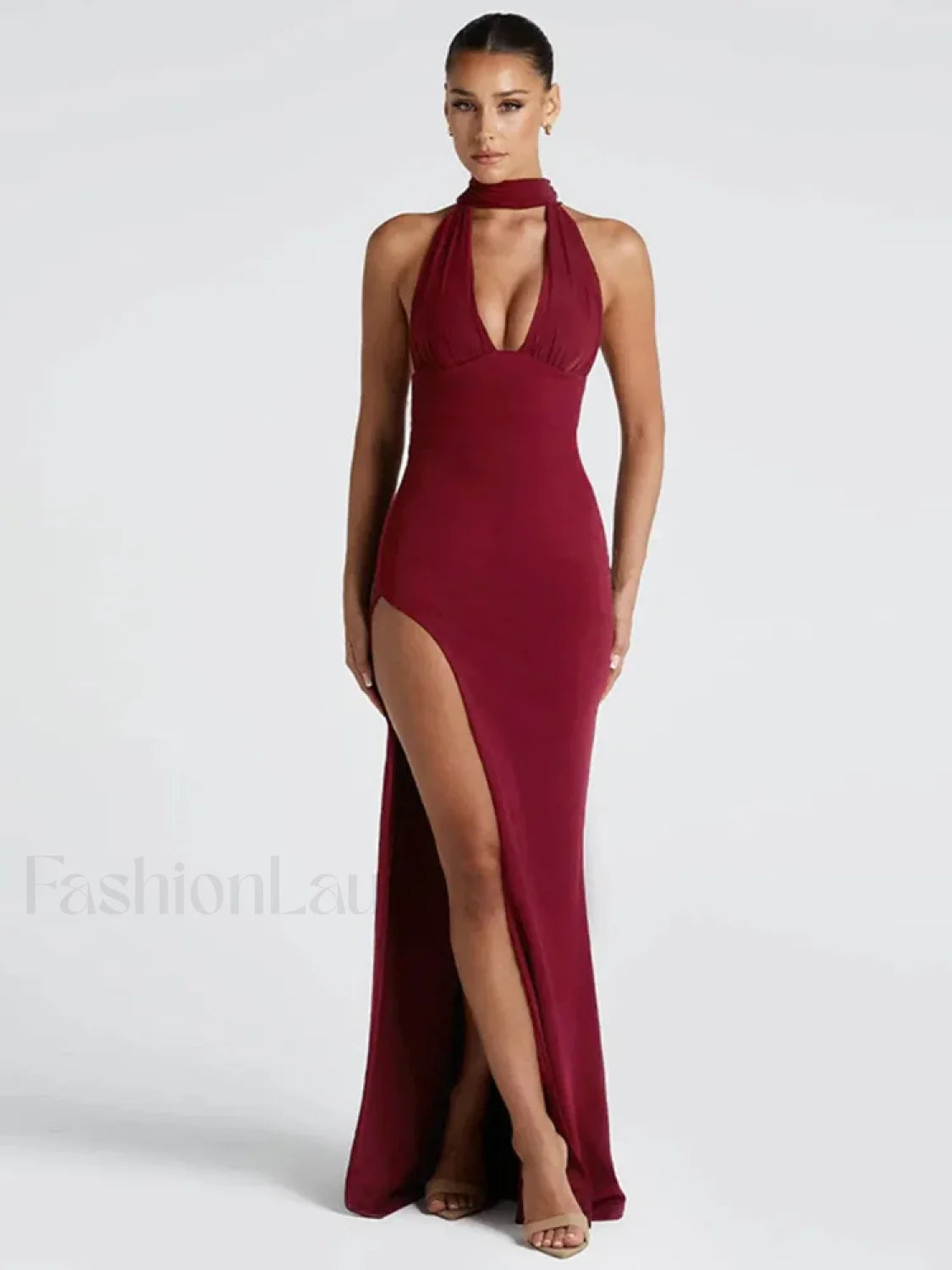 Scarf Split Deep V Maxi Dress Wine / S Main image
