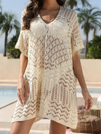 Scoop Neck Hollow Midi Dress Cover Up Beige / One Size