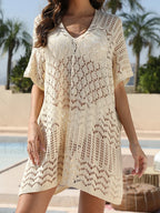 Scoop Neck Hollow Midi Dress Cover Up Beige / One Size