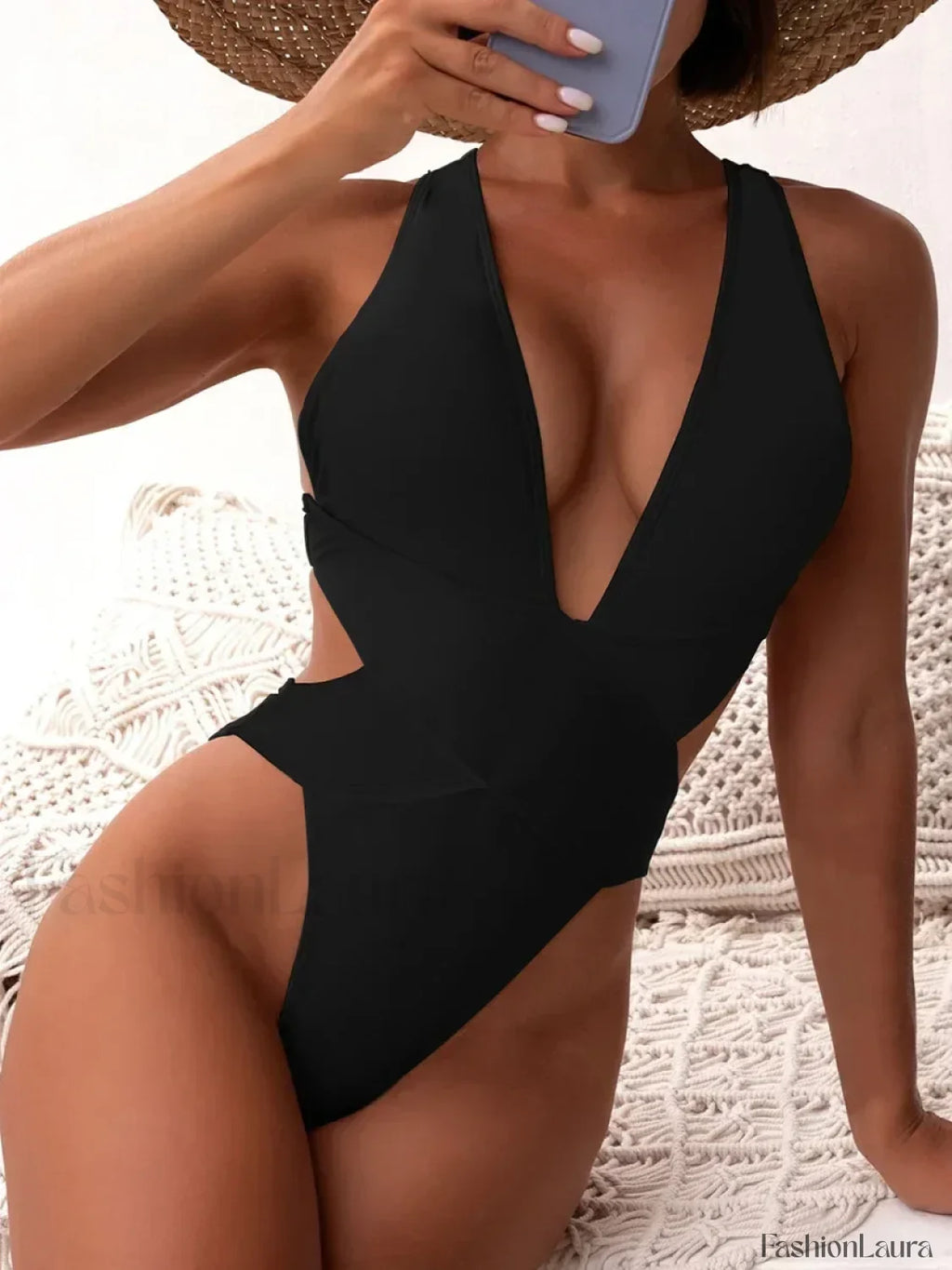 Scrunch V Neck Cross Backless One Piece black / S