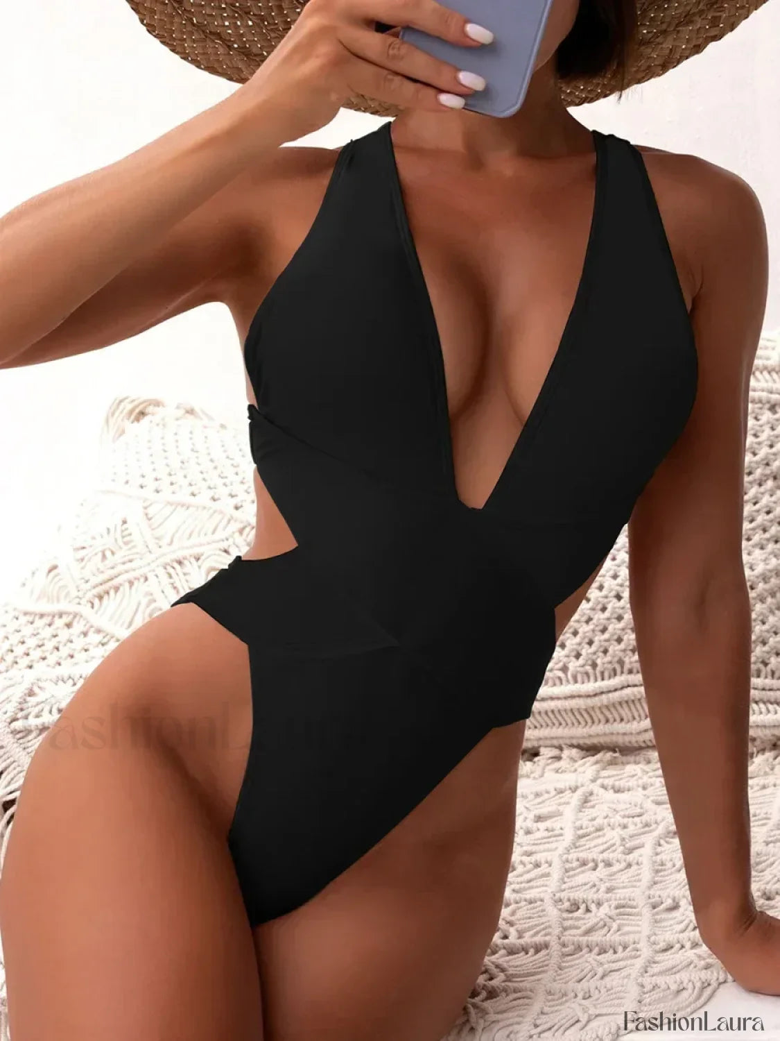 Scrunch V Neck Cross Backless One Piece black / S