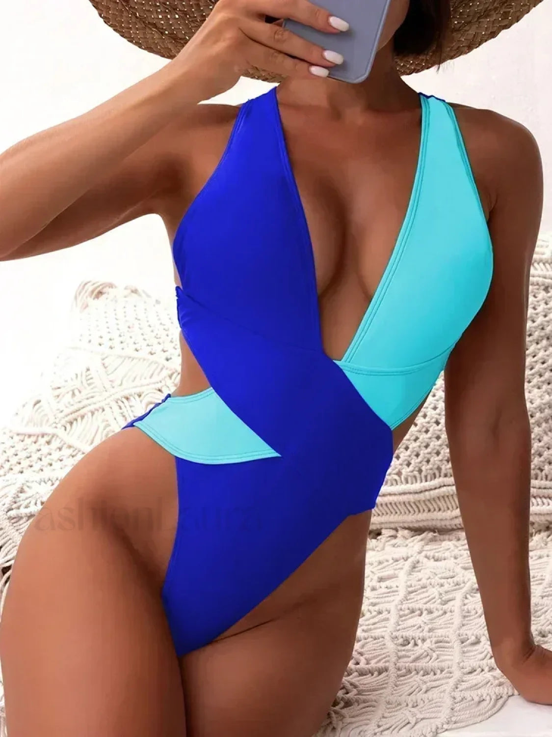 Scrunch V Neck Cross Backless One Piece blue / S