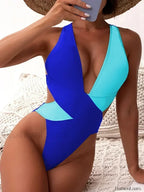 Scrunch V Neck Cross Backless One Piece blue / S