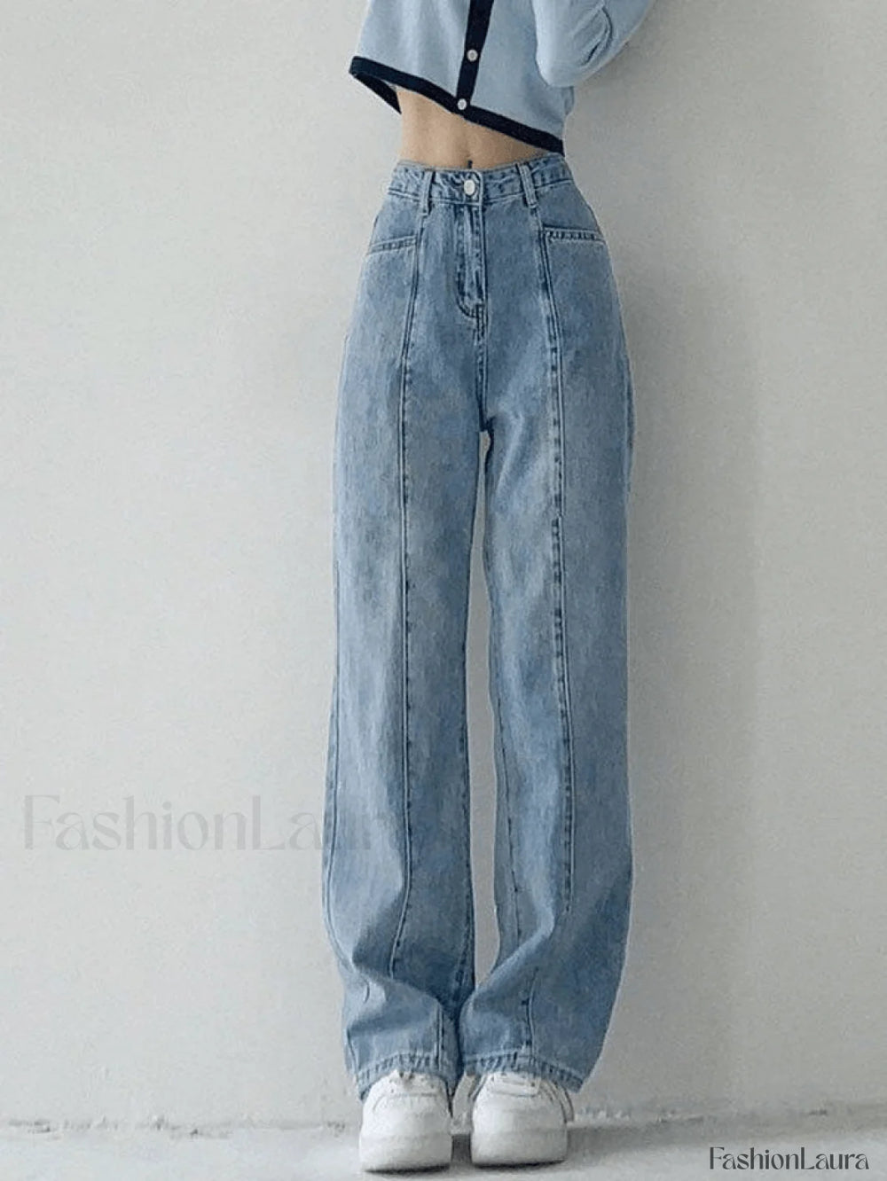 Seam Detail Washed Boyfriend Jeans Blue / S Jeans