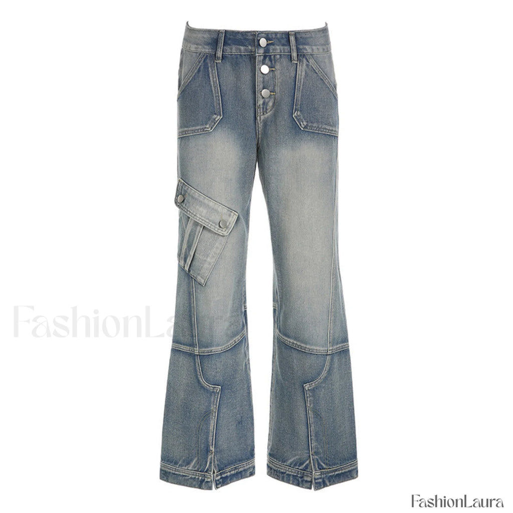 Seamed Pocket Straight Trendy Leg Cargo Jeans Blue / L women clothing