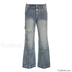 Seamed Pocket Straight Trendy Leg Cargo Jeans Blue / L women clothing