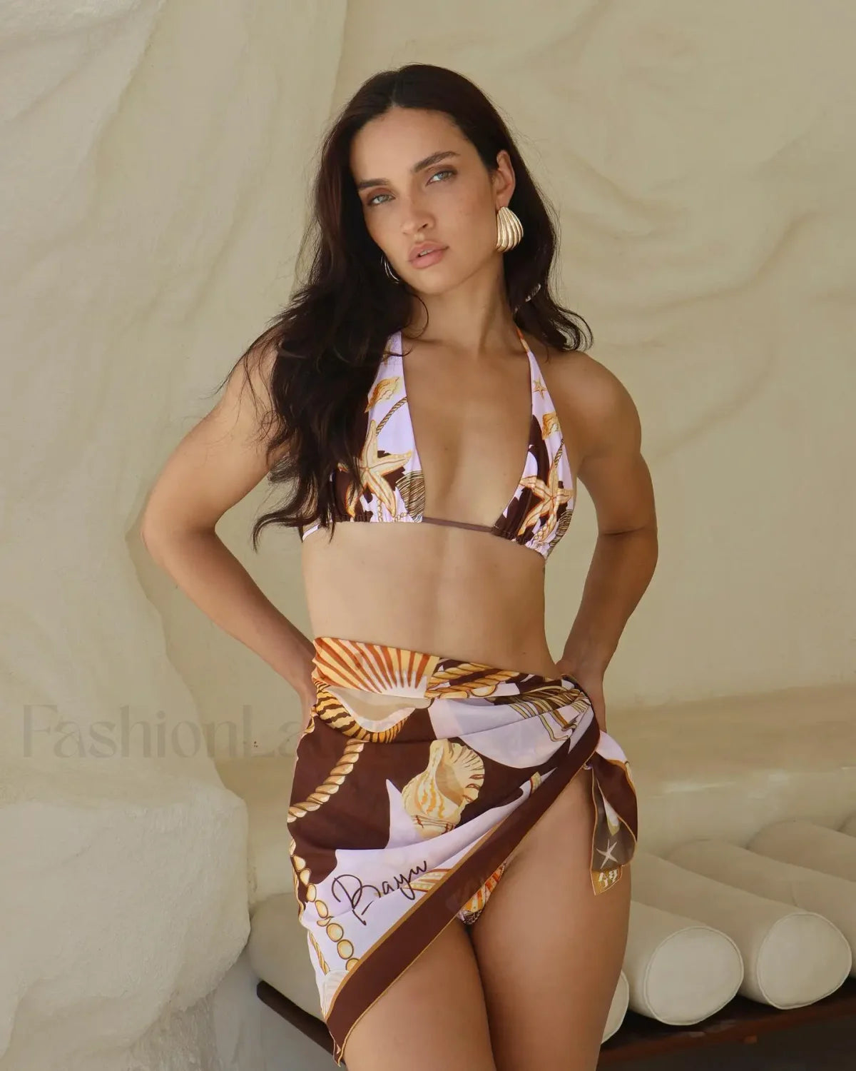 Seashell Print Sarong Bikini Three Piece Set Bikini With SKirt / S