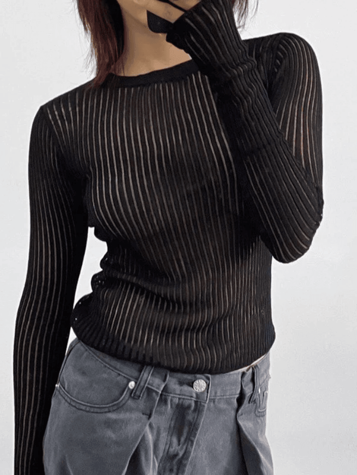 See Through Long Sleeve Ribbed Knit Top Secondary image