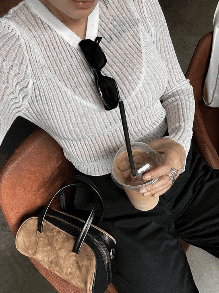 See Through Long Sleeve Ribbed Knit Top Sweaters