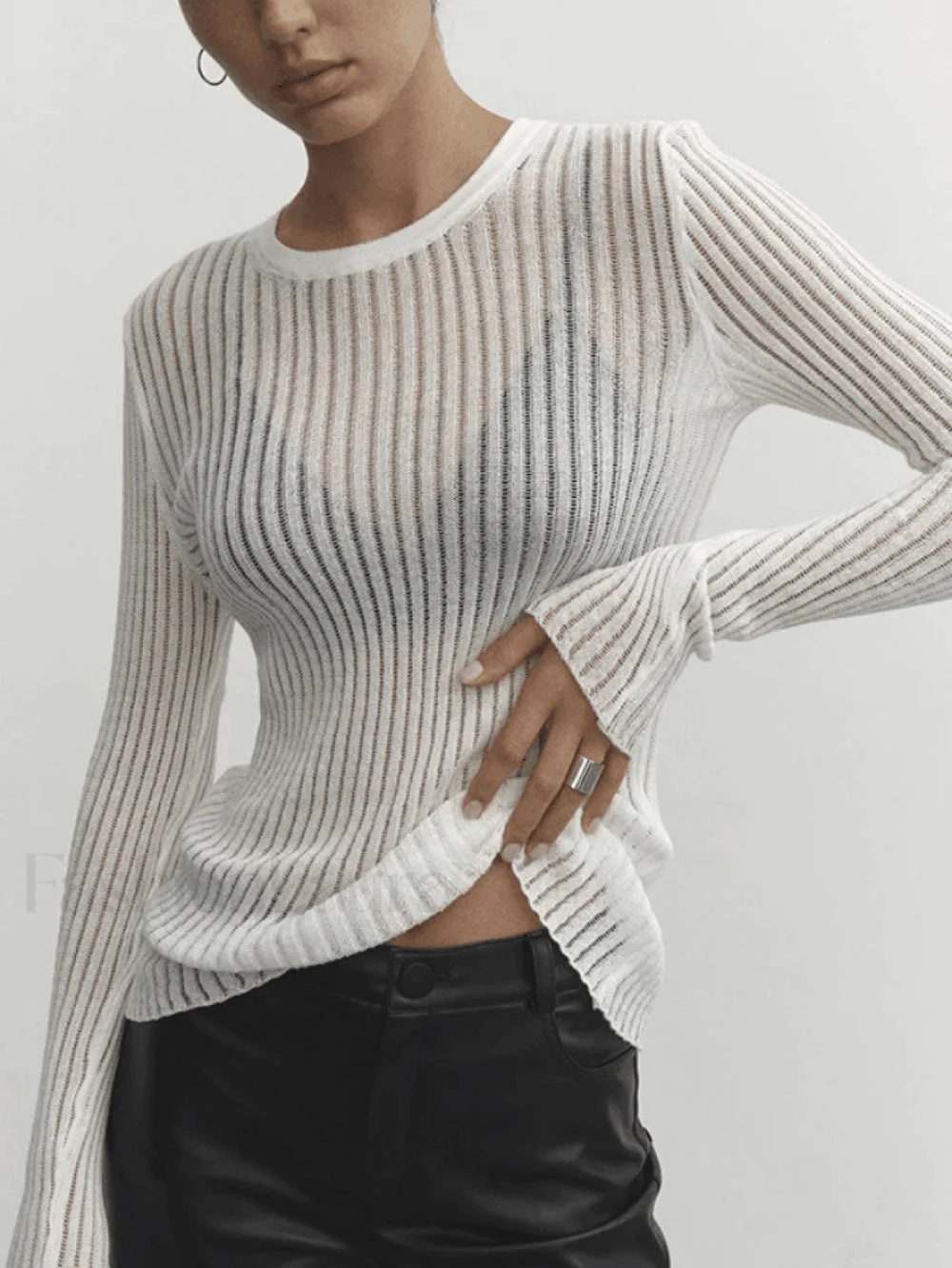 See Through Long Sleeve Ribbed Knit Top White / S Sweaters