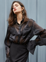 See Through Pocket Trendy Long Sleeve Collar Shirt Black / XS Shirts