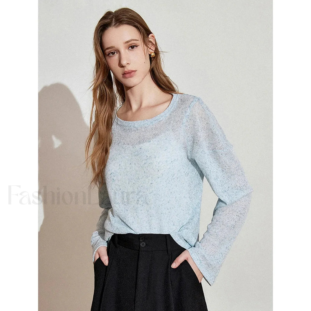 See Through Romantic Round Neck T Shirt Light Blue / S