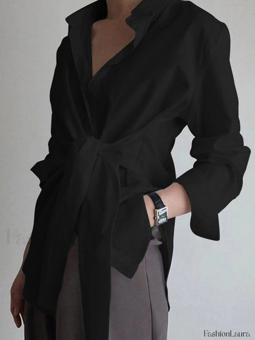 Semi Sheer Button Down Tied Long Shirt Black / XS Shirts