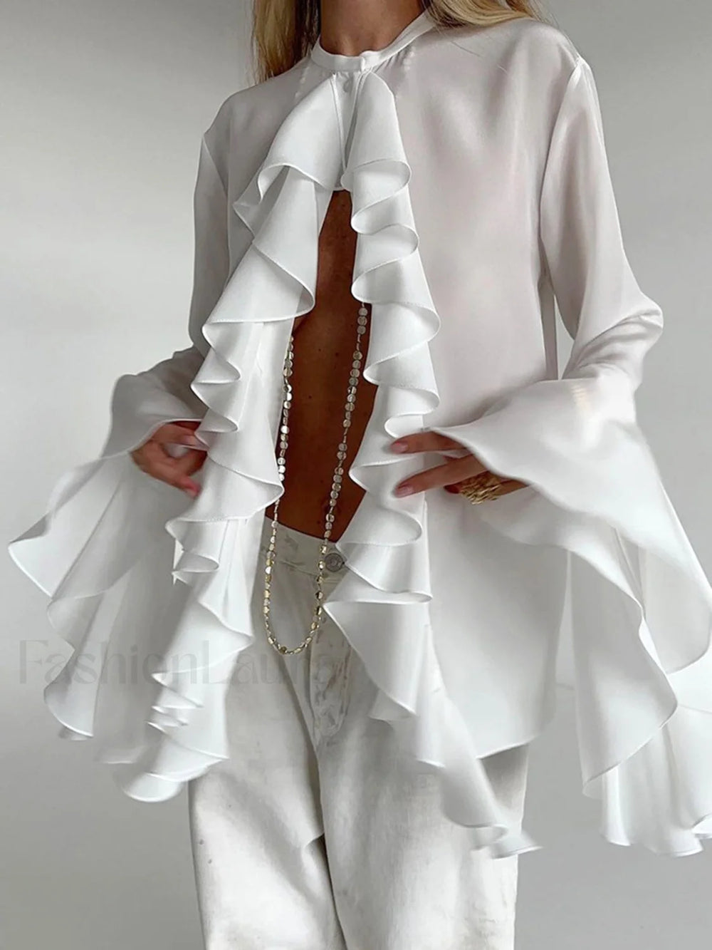 Semi sheer Chiffon Graceful Ruffled Trim Blouse Blouses