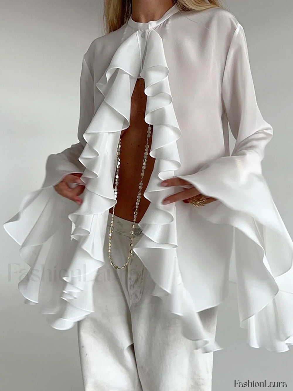 Semi sheer Chiffon Graceful Ruffled Trim Blouse Blouses