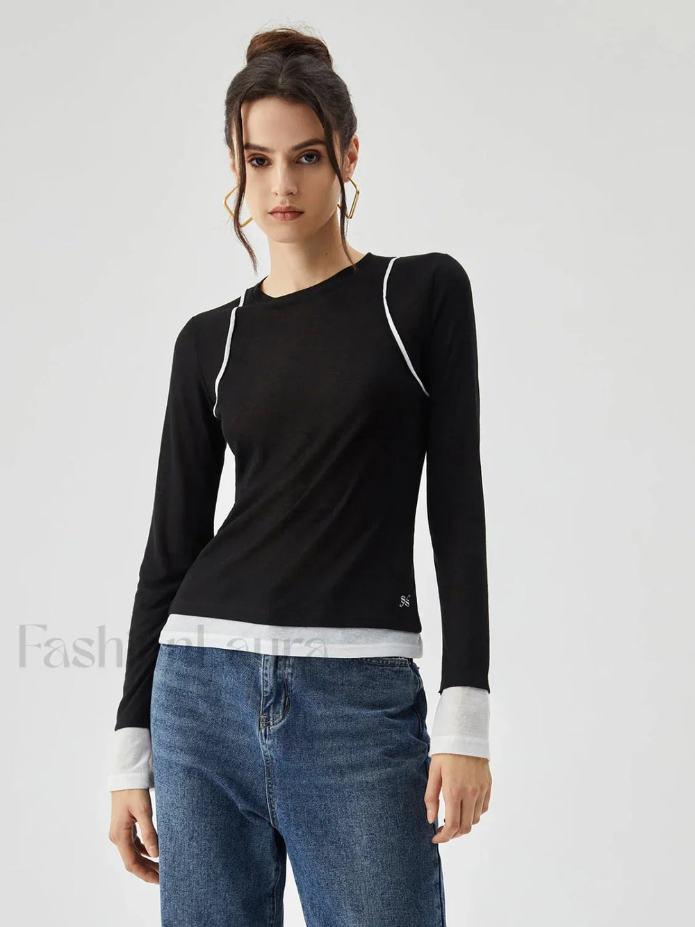 Semi sheer Contrast Trim Patchwork Modern Long Sleeve Knit Top T Shirts