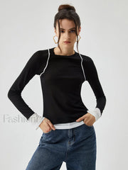 Semi sheer Contrast Trim Patchwork Modern Long Sleeve Knit Top T Shirts