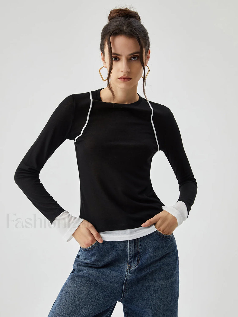 Semi sheer Contrast Trim Patchwork Modern Long Sleeve Knit Top T Shirts