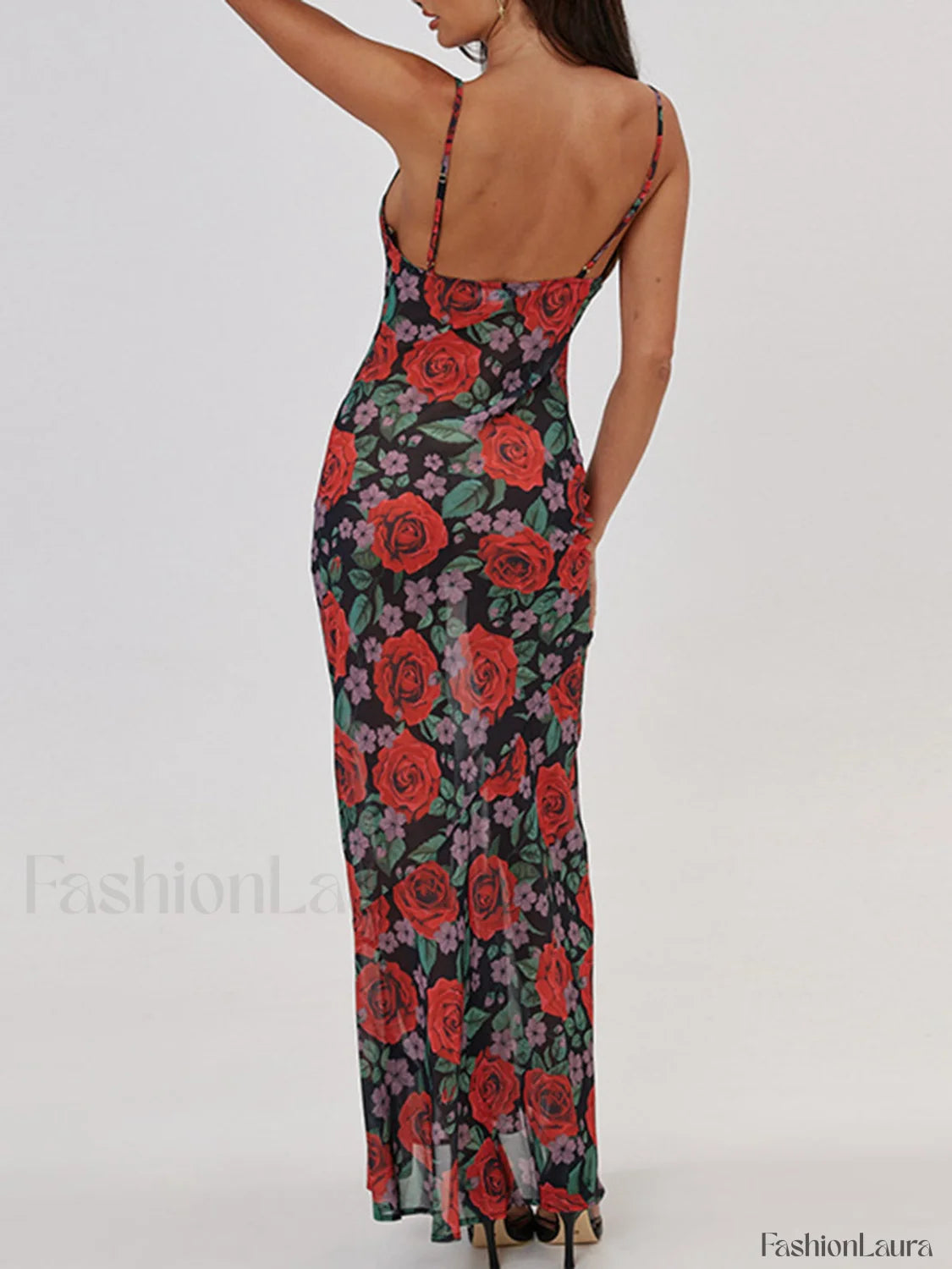 Semi Sheer Floral Print Cami Long Dress Dresses