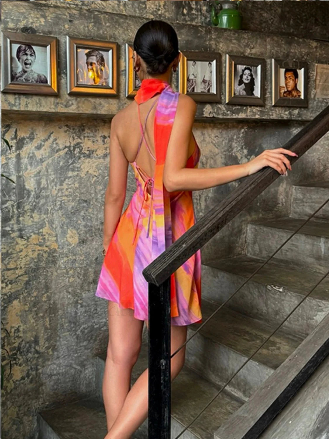 Semi-Sheer Halter Backless Tie Dye Short Dress Secondary image