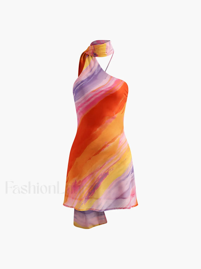 Semi Sheer Halter Backless Tie Dye Short Dress Multicolor / XS Dresses Main image