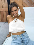 Semi Sheer Halter Crop Sleeveless Top Tank Tops & Camis