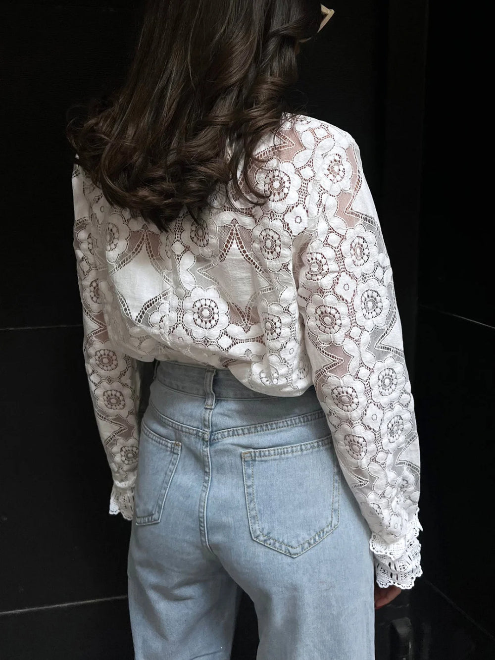 Semi Sheer Lace Embroidery Floral Mock Neck T Shirt T Shirts