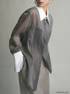 Semi Sheer Leisure See Through Shirt With Cami Top Grey / XS Shirts