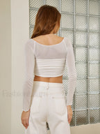 Semi Sheer Off Shoulder Mesh Crop T Shirt T Shirts