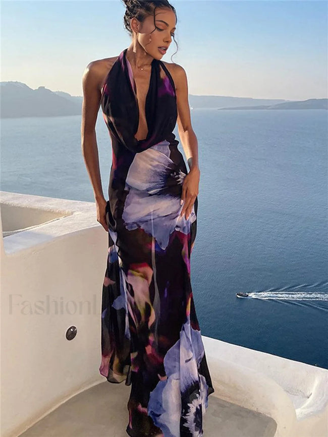 Semi Sheer Print Backless Halter Dress Black / XS Dresses Main image