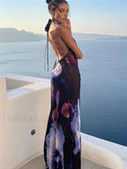 Semi Sheer Print Backless Halter Dress Dresses