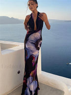 Semi Sheer Print Backless Halter Dress Dresses