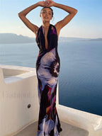 Semi Sheer Print Backless Halter Dress Dresses