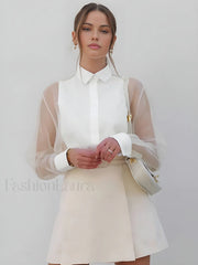 Semi Sheer Puff Sleeve Organza Shirt White / XS Shirts