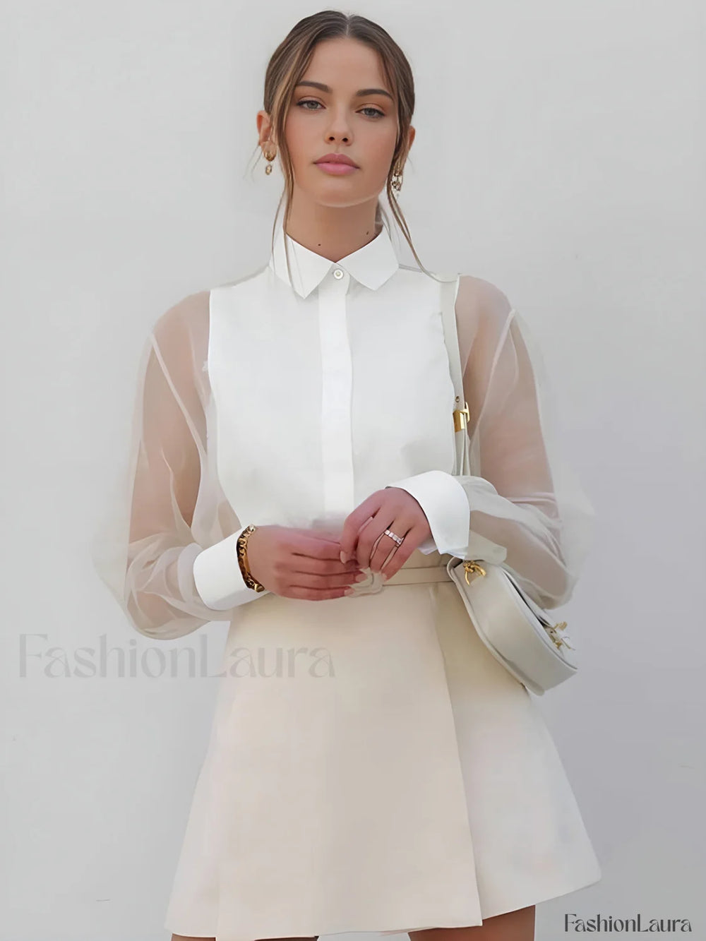 Semi Sheer Puff Sleeve Organza Shirt White / XS Shirts