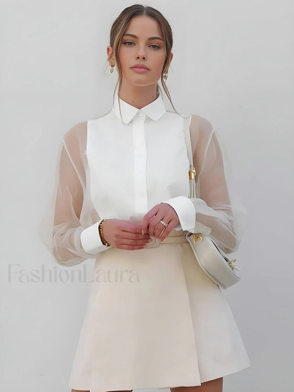 Semi Sheer Puff Sleeve Organza Shirt White / XS Shirts