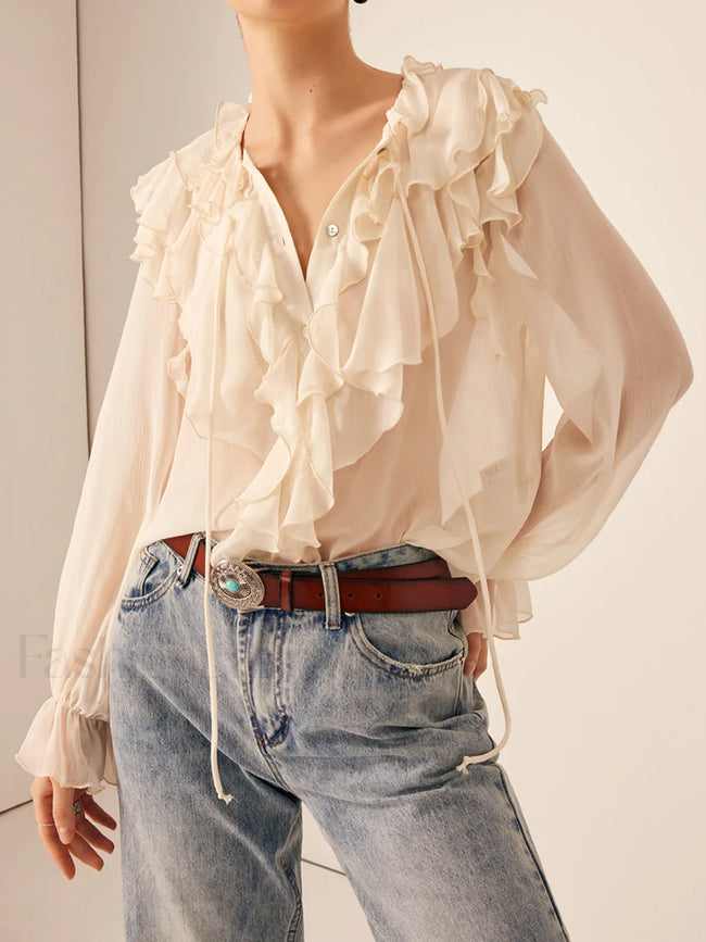 Semi Sheer Ruffle Chiffon Breasted Blouse Apricot / XS Blouses Main image