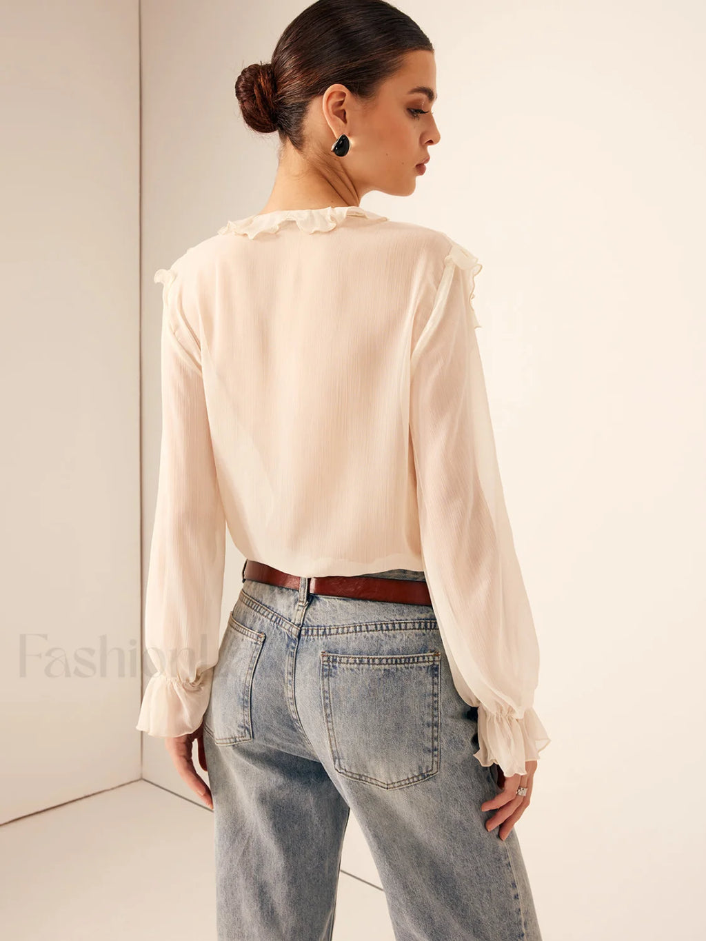 Semi Sheer Ruffle Chiffon Breasted Blouse Blouses